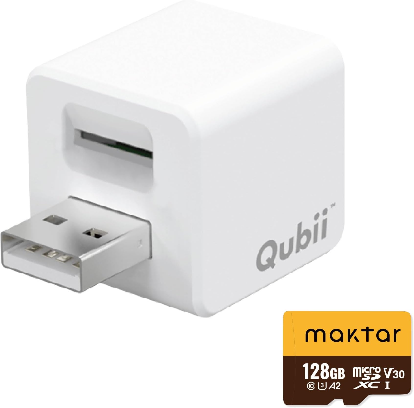 MAKTAR 128GB Qubii Flash Drive(White), Auto Backup While Charging, MFi Certified Compatible with iPhone/iPad, Photo Storage/Stick with File Organizer APP