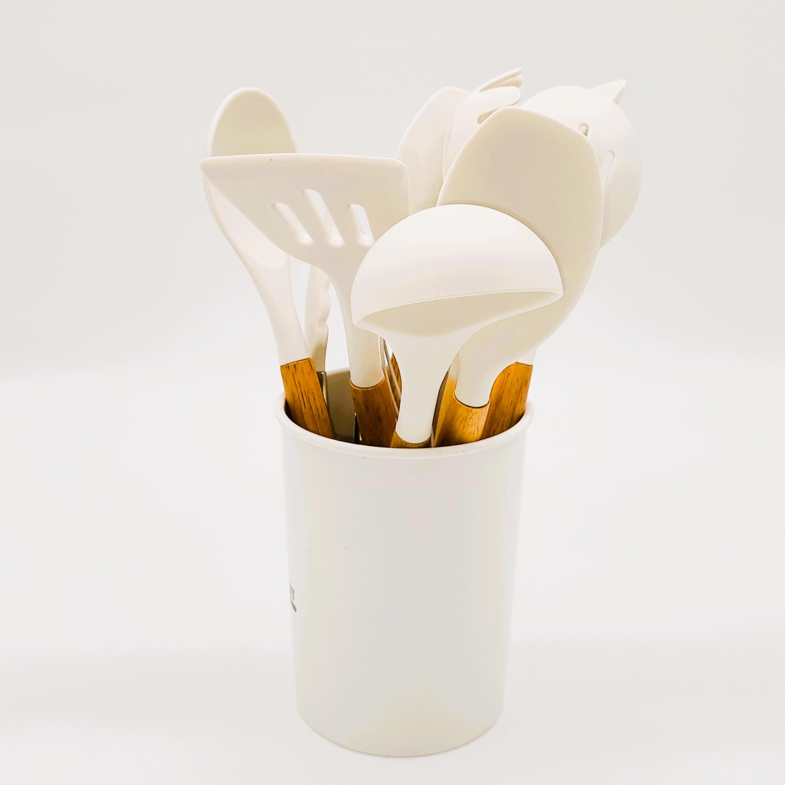 BWG Juego de utensilios de cocina y recipiente, juego de utensilios de cocina, juego de utensilios de cocina de silicona de alta calidad, asas de diseño elegante, resistente al calor (madera, blanco)
