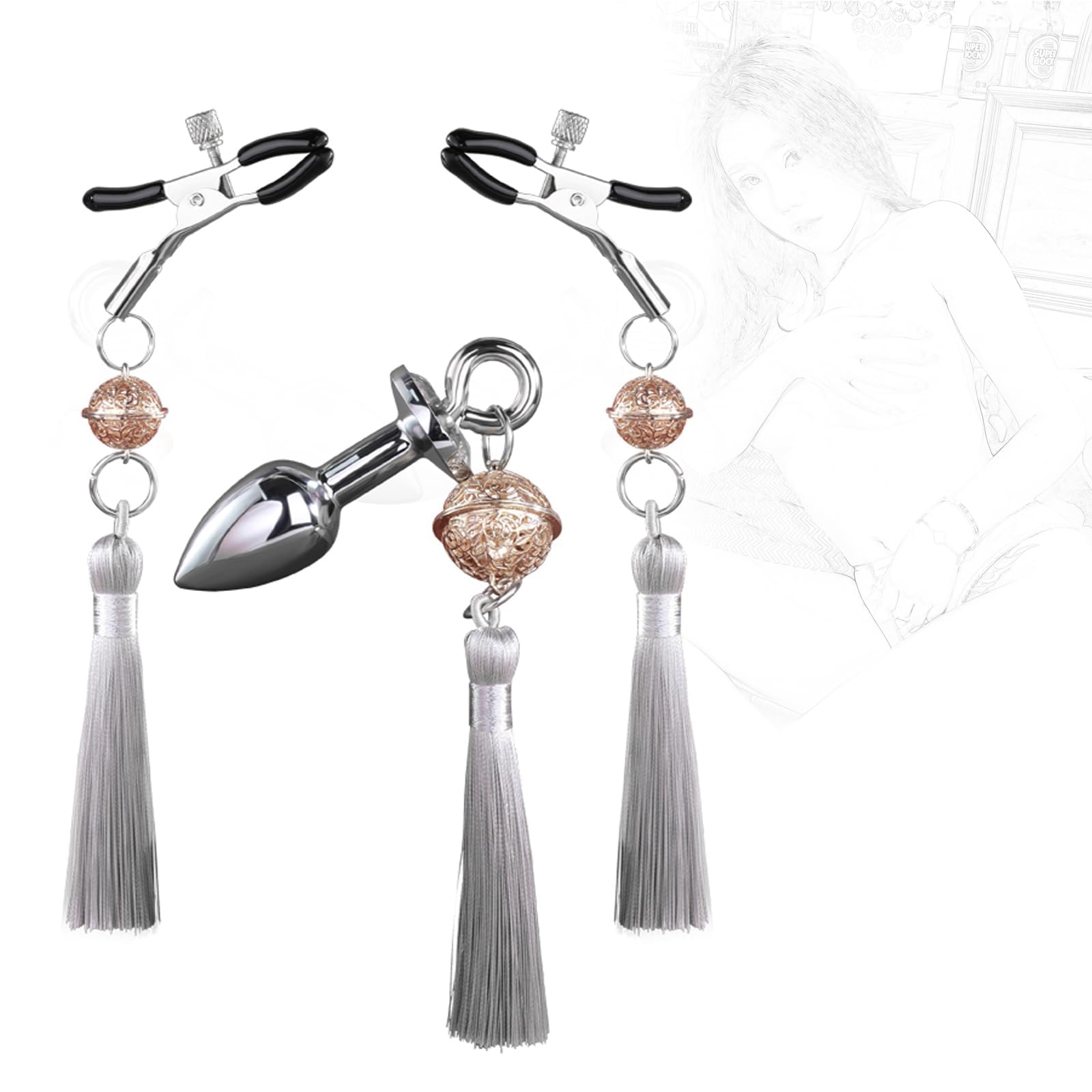 Morsetti per capezzoli con plug anale in metallo con campanella, gioielli per capezzoli, morsetti per capezzoli, morsetti per seno, pinza per capezzoli, clip per seno, morsetti per seno