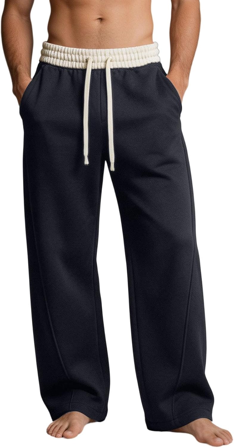 Contrast Waistband Wide Leg Sweatpants Men Open Bottom Drawstring | Two-Tone Waistband for Fashion-Forward Appeal, Open Straight Hem Drapes Cleanly, for Yoga, Dance, or Casual Street Style