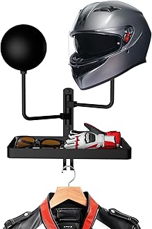 GHWMYD Motorcycle Helmet Holder Wall Mount, Rustic Helmet Rack with 2 Ball Hangers and Storage Space for Motorcycle Gear Accessories, The Double Hooks for Key/Jacket Hanging