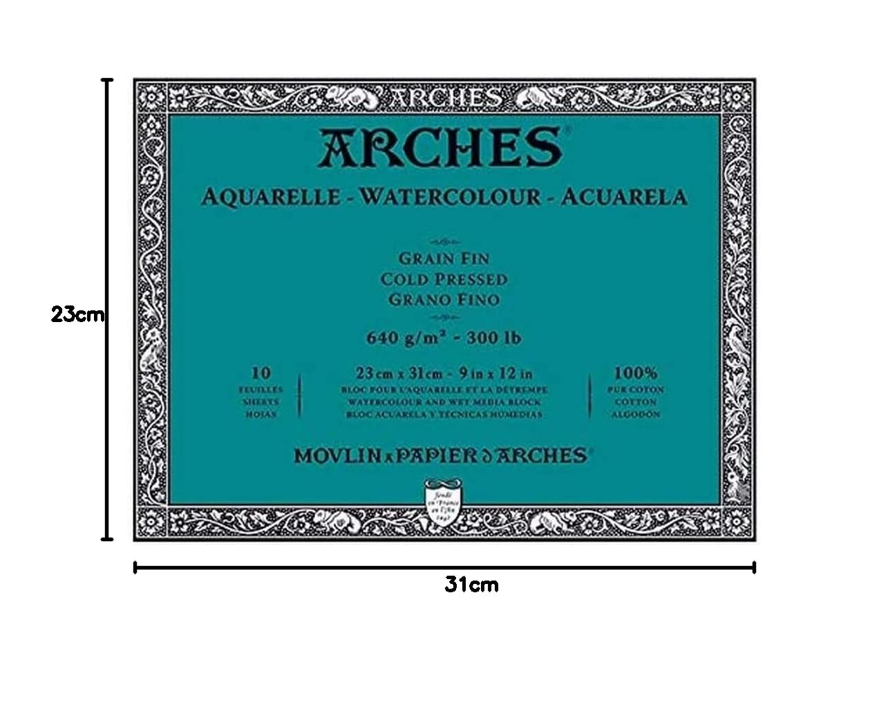 Arches Aquarelle – blok 10 arkuszy 23 x 31 cm, klejony, 4 strony – 640 g/m² – ziarnistość satynowana, naturalna biel, 4 frędzle