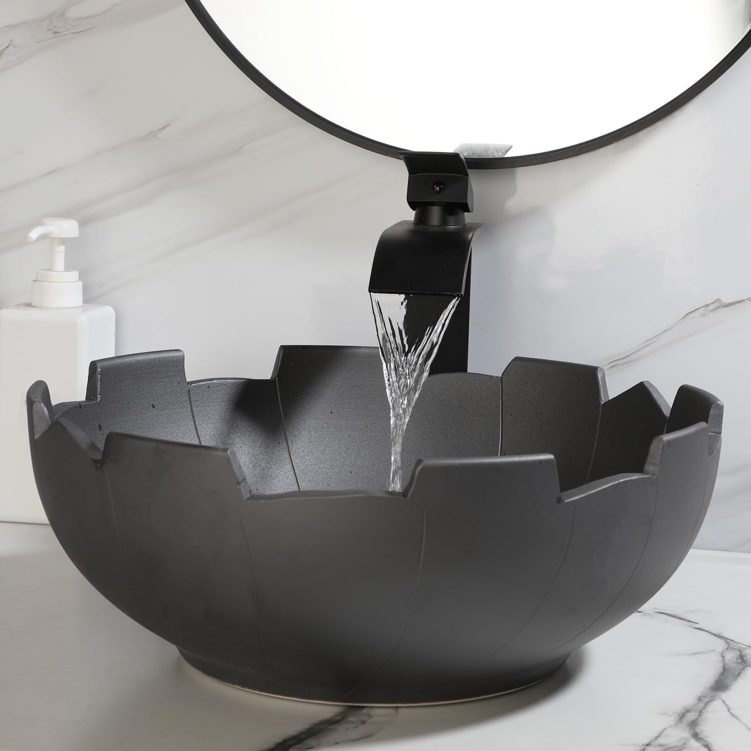 16" Black Round Ceramic Vessel Sink with Waterfall Faucet and Pop-up Drain, Modern Above Counter Bathroom Sink