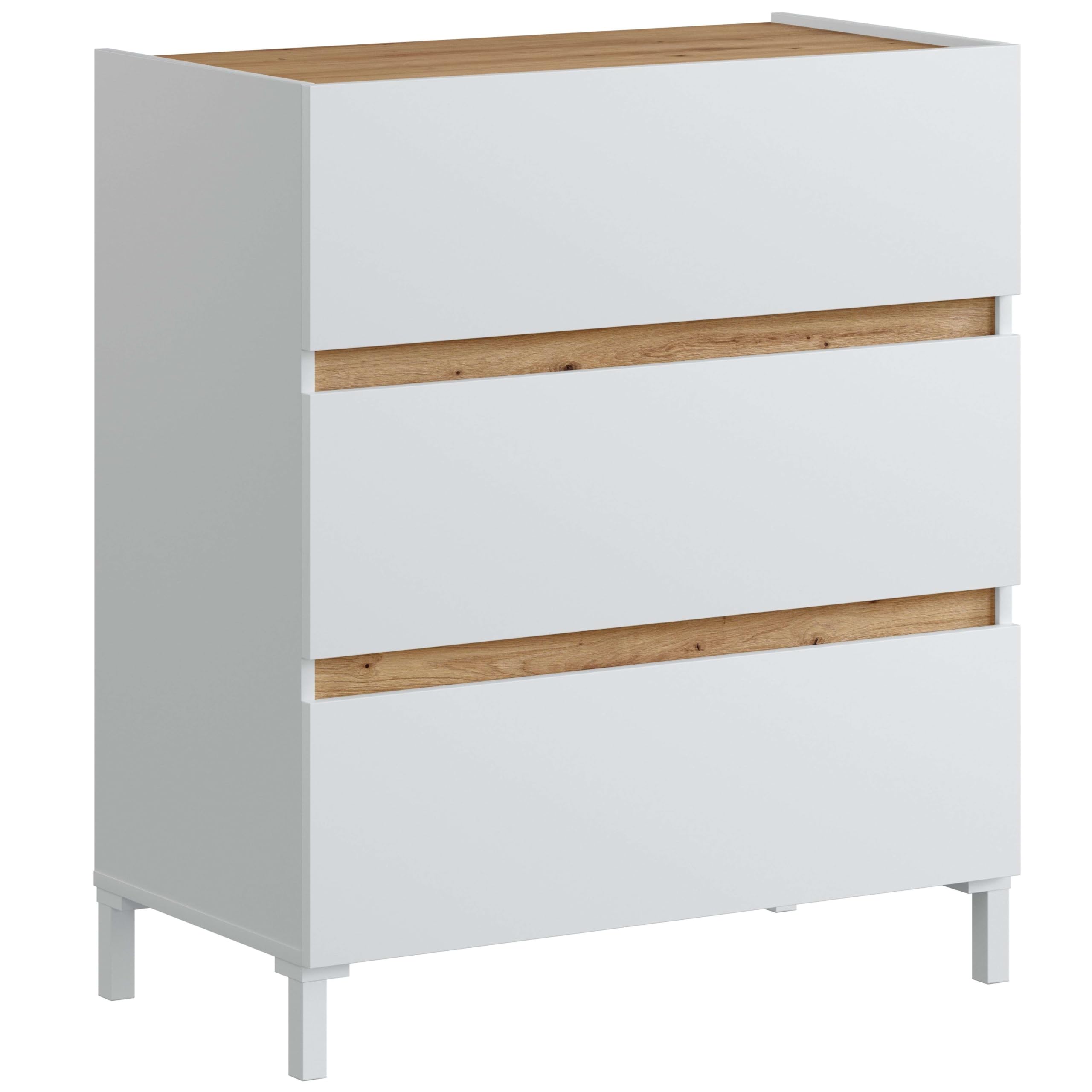 Habitdesign Cómoda de 3 Cajones Tempus con Patas | Mueble Cajonera Estilo Nórdico para Dormitorio | Color Blanco Artik y Roble Nodi, Medidas 91 x 79 x 41 cm