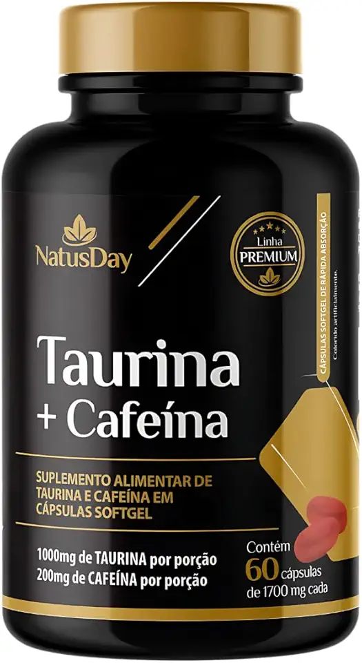 Taurina + Cafeína 60 Cápsulas SoftGel - Auxilia a melhora raciocínio, Auxilia a melhora da memória, Acelera o metabolismo