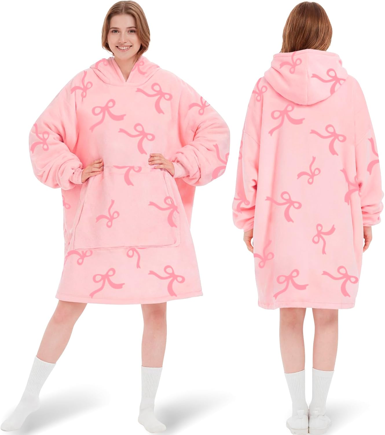 QZUnique Wearable Blanket Hoodie Gift for Women - Girl Comfy Pink Bow Hoodie With Pockets, Oversized Sherpa Fleece Sweatshirt Hooded Thick Bow Hoodies Cute Pink Chirstmas Birthday Gifts for Mom Wife
