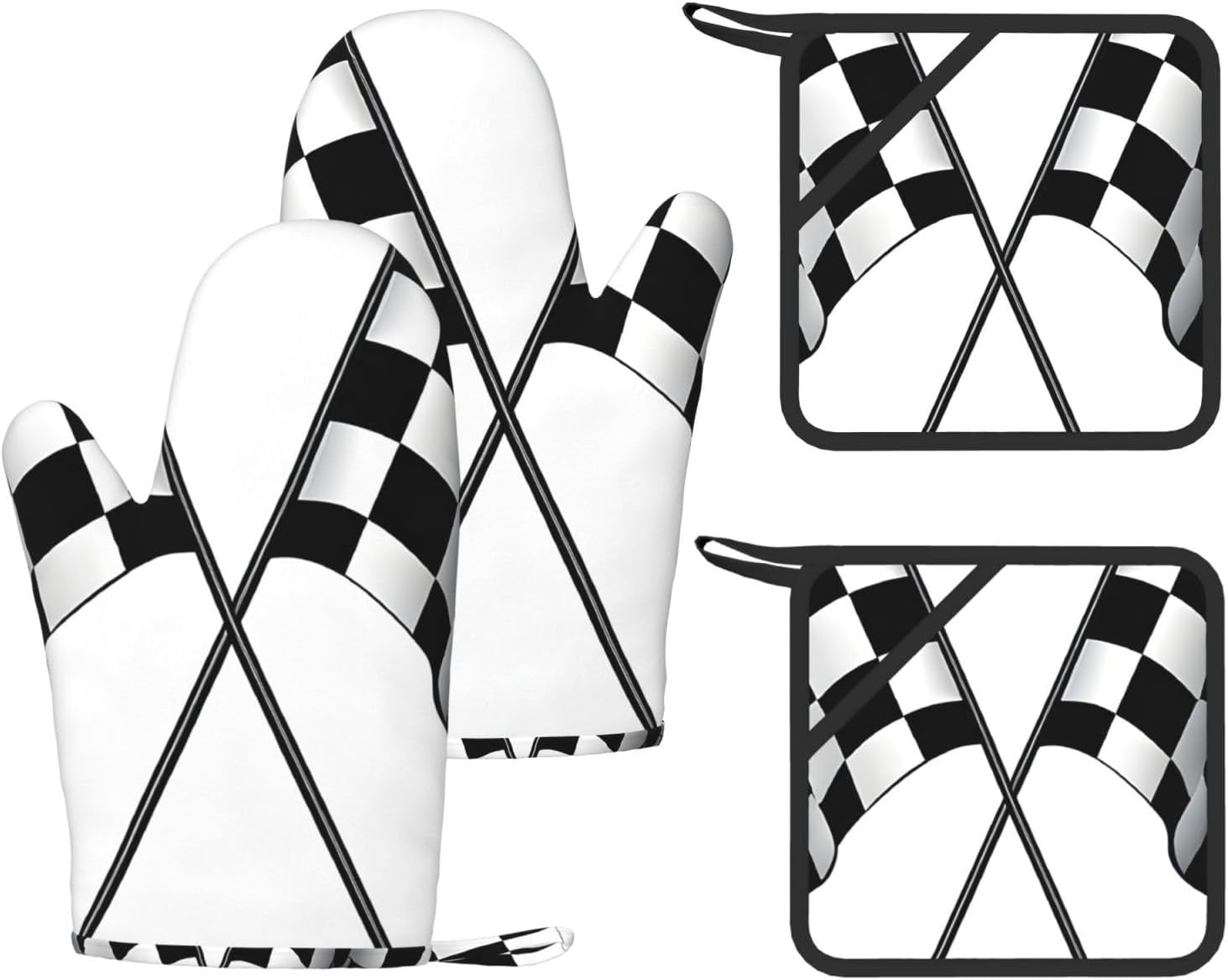 Black White Formula Checkered Flags 4pcs Oven Mitts and Pot Holders Sets for Kitchen, Silicone Oven Gloves Non-Slip Potholders Hot Pads for Baking Cooking
