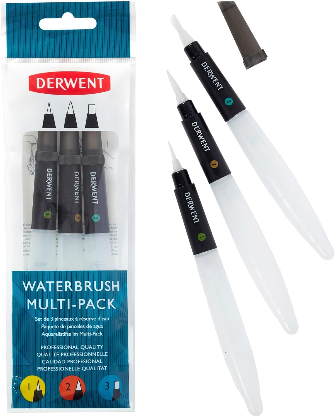 Derwent Waterbrush Multi-Pack Brushes with Clear Water Barrel - Chisel Tip, F...