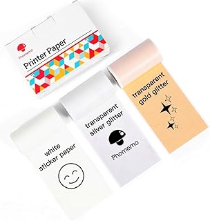 Papel adesivo térmico Phomemo adesivo, papel térmico branco/dourado glitter/prata glitter, para impressora térmica Phomemo M02/M02 Pro/M02S Mini Bluetooth, 50 mm-53 mm de largura, 3,5 m de comprimento, 3 rolos