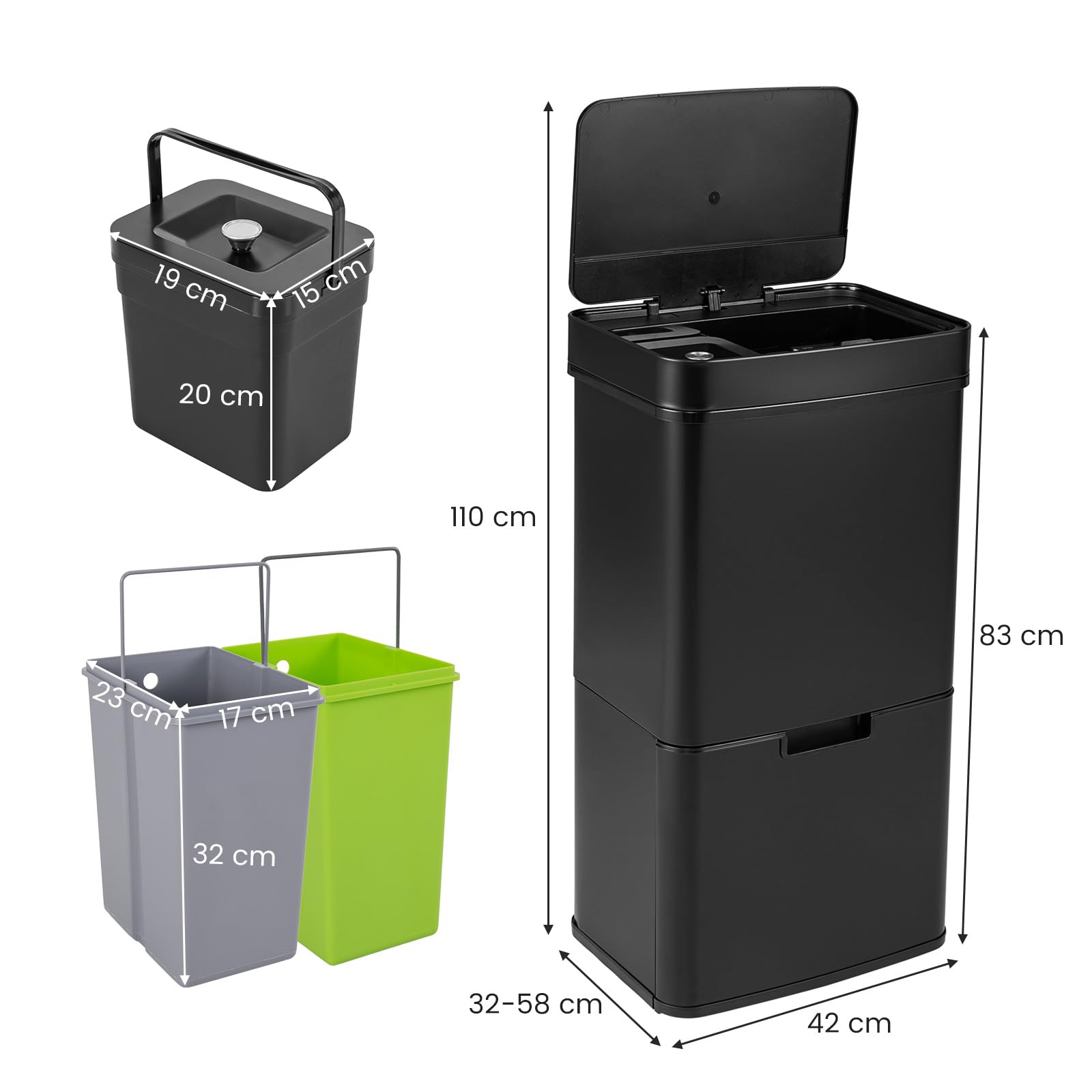 LIFEZEAL 72L Mülleimer 4 Fächer, Mülltrennsystem mit Deckel für Mülltrennung, Edelstahl Bin Treteimer mit Sensor, Abfalleimer Müllsammler Innenbereich für Küche, Büro (Schwarz)