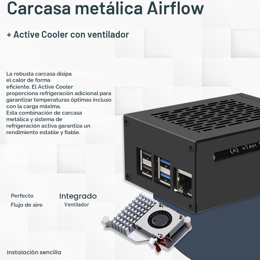 Raspberry Pi 5 16 GB PCIe M.2 NVMe – Kit | Carcasa de metal | Active Cooler | M.2 NVMe SSD PCIe Board | Fuente de alimentación USB-C de 45 W | Tarjeta SD de 64 GB | Cable Micro HDMI 4K | Ideal para