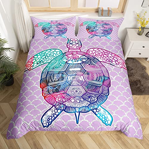 Erosebridal Sea Turtle Duvet Cover Twin Cartoon Turtles Bedding Sets Abstract Tortoise Comforter Cover Luxury Microfiber Purple Bed Cover Sealife Theme Quilt Cover for Kids 2 Piece with 1 Pi