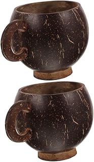 2 Pcs Natural Coconut Shell Wooden Coffee Mug with Handle Large Capacity Multi-functional Drink Cup for Coffee Tea Juice Milk Reusable Coconut Cup