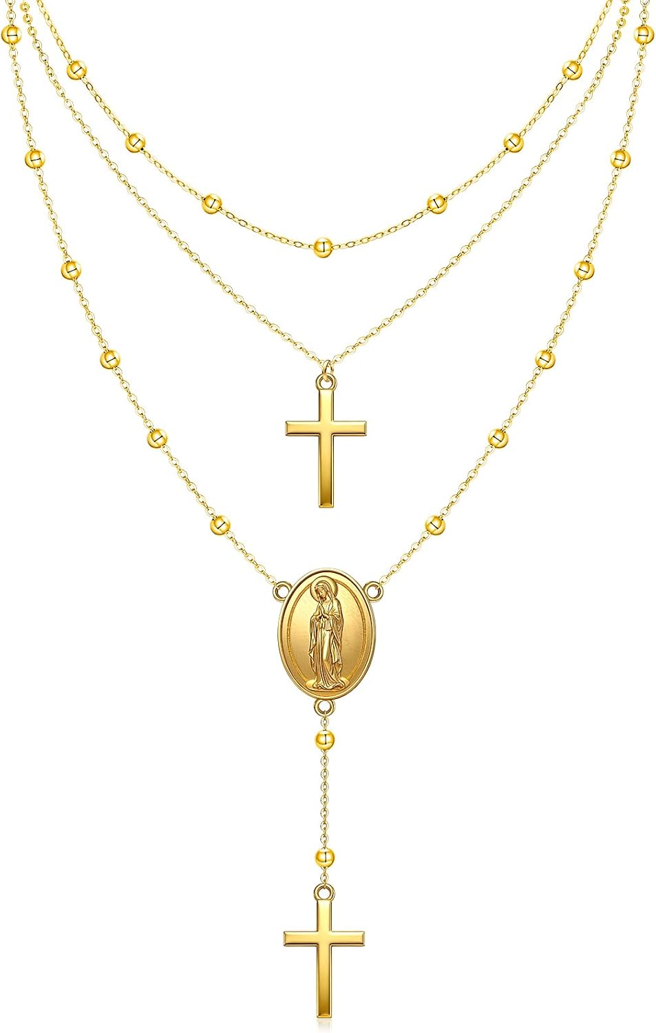 Virgin Mary Necklace Sterling Silver Cross Necklace for Women 14K Gold Plated Virgen de Guadalupe Pendant Layered Our Lady Blessed Catholic Mariner Chain Jewelry