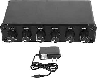 2 in 4 Out Sound Mixed Distributor, 2 in 4 Out Sound Signal Amplifier, 2 in 4 Out Sound Mixed Distributor with Aluminum Alloy Shell, GAIN 14DB (US Plug)