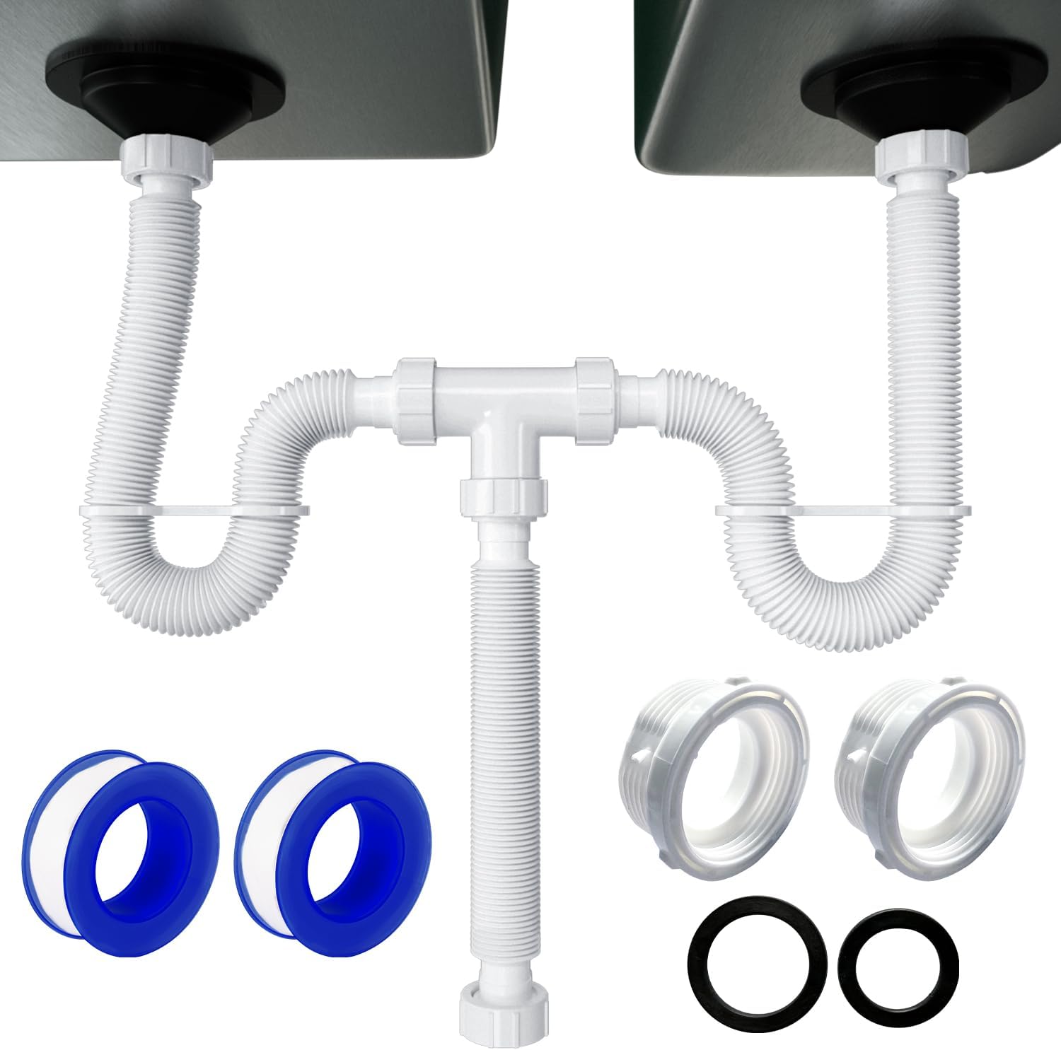 VIVIDA Double Sink Drain Kit, 1-1/2" Flexible Sink P Trap, 11"-31.5" Expandable Flexible P Trap Double Bowl Drain Kit for Kitchen, Bathroom, 1-1/4" Adapter Included, White, 1 PACK