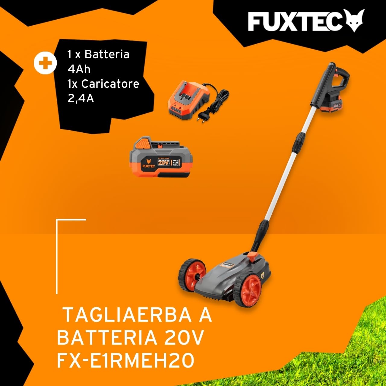 FUXTEC FX-E1RMEH20-SET Tagliaerba a Batteria 20V – Tosaerba Compatto a Una Mano Mulching con Batteria 4Ah e Caricabatterie, Larghezza 22cm, Altezza Regolabile, 300W