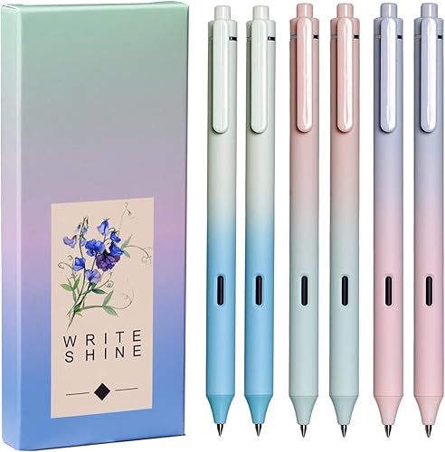 Lindos bolígrafos para mujer de punta fina de 0.020 in, bolígrafos de tinta de gel negro, bolígrafos retráctiles silenciosos que no se corren, 6