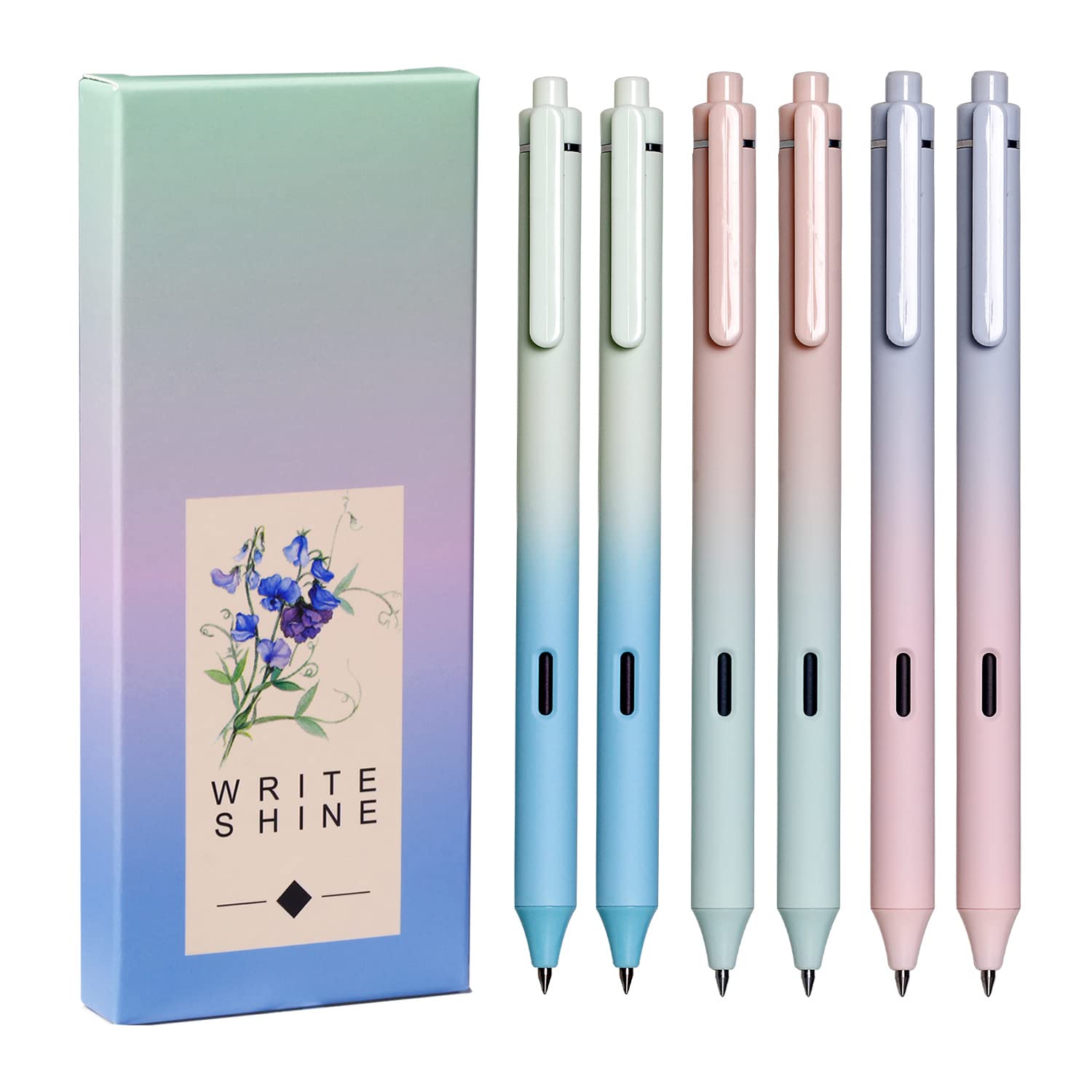 XIZE SH Fine Point Cute Pens for Journaling 0.5mm Comfort Grip Smooth Writing Kawaii Pens for Women,Silent Pressing Gradient Color Barrel Black,6 Count