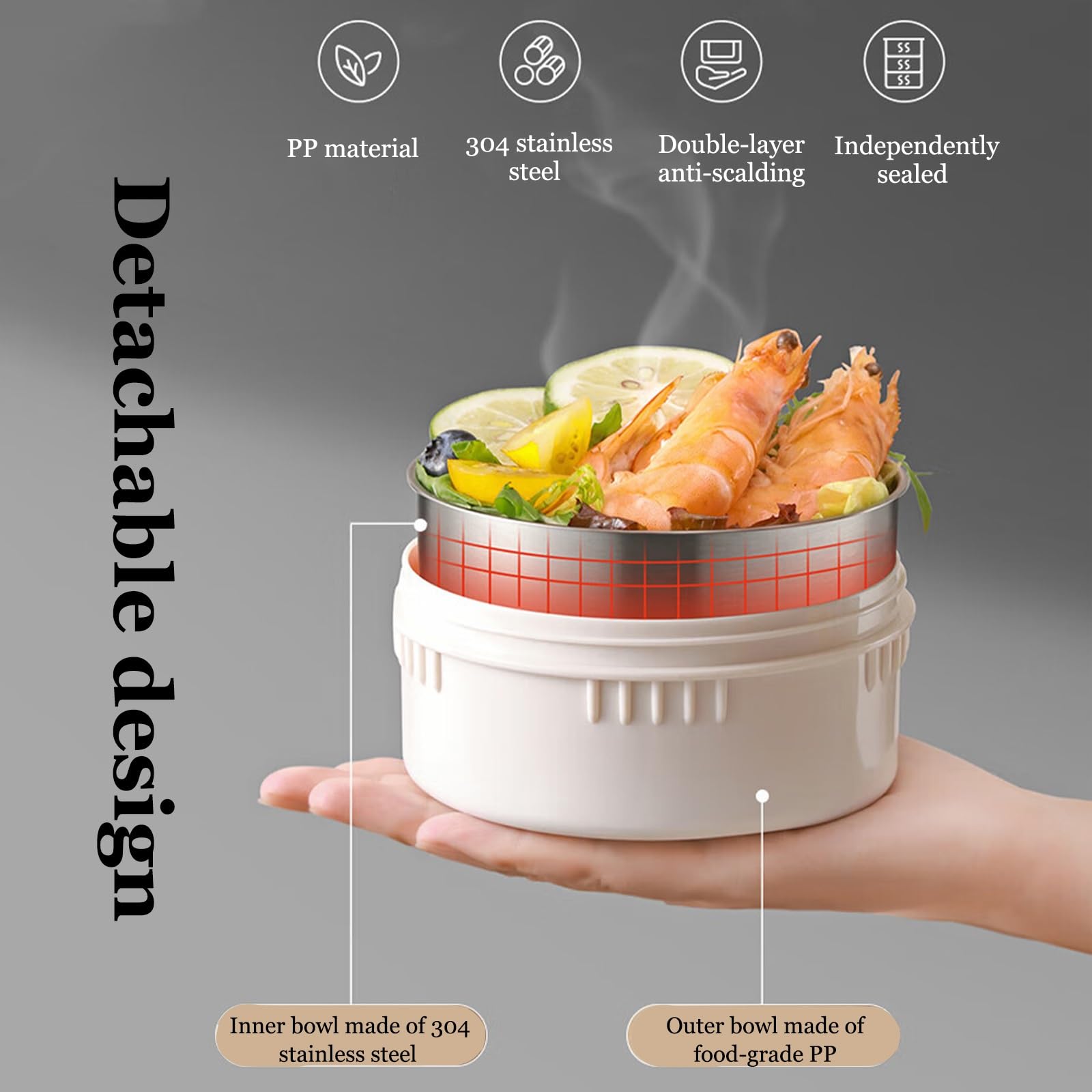 Vnook Edelstahl Isolierte Lunchbehälter, Warmhaltebebehälter, Bento-Box mit Faltbaren Löffel, Mehrschicht, für Büro, Schule Draußen, Servieren von Brei, Reis, warmes Geschirr(Black,2.3L)