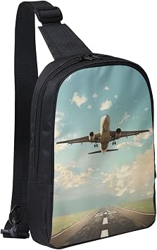 Airplane Print Shoulder Bag for Men and Women, Adjustable Shoulder Bag, Travel, Hiking, Chest Bag, Daypack, Black, One Size