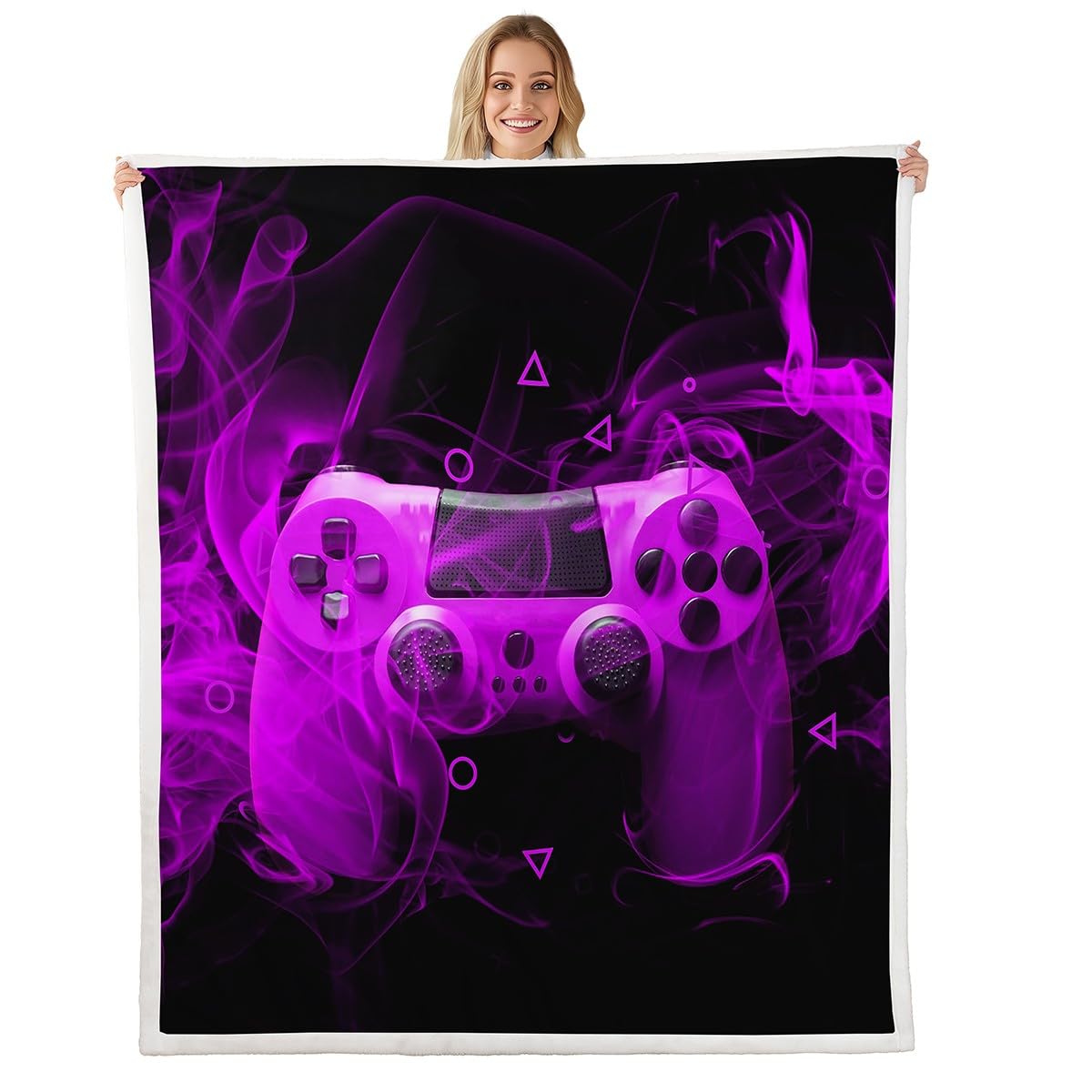 Loussiesd Game Controller Fleece Throw Blanket Modern Gamer Sherpa Blanket for Couch Bed Sofa Gamepad Games Console Geometric Triangle Purple Black Room Decor King 87"*94" — image 1