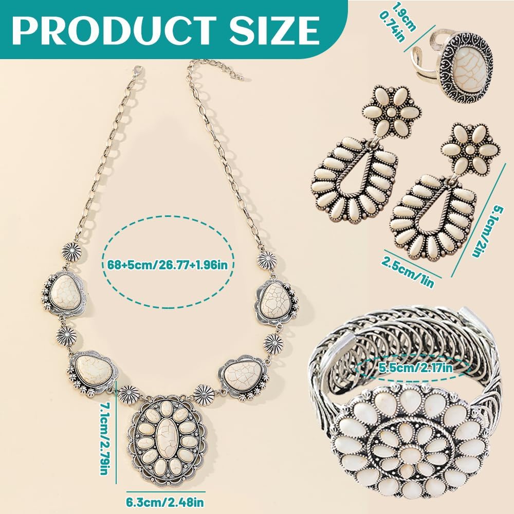 4 Pack Boho Vintage Turquoise Jewelry for Women, Bohemian Western Jewelry Set with Vintage Turquoise Necklace Dangle Earrings Stretchable Bracelet Ring, Country Cowgirl Accessories for Gift - Image 2