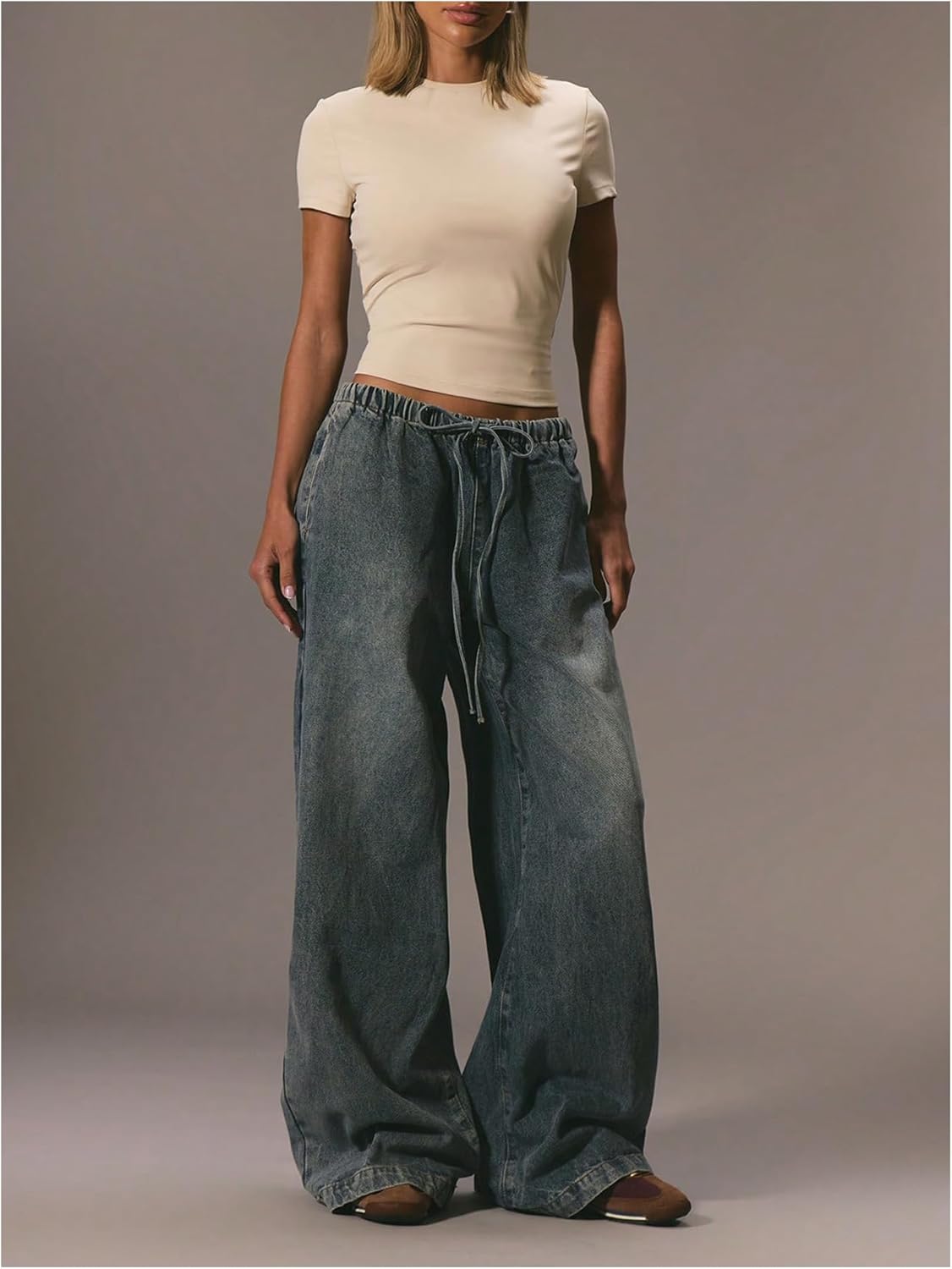 GORGLITTER Women's Drawstring Wide Leg Jeans Low Waisted Baggy Trendy Boyfriends Denim Pants with Pockets - Image 5