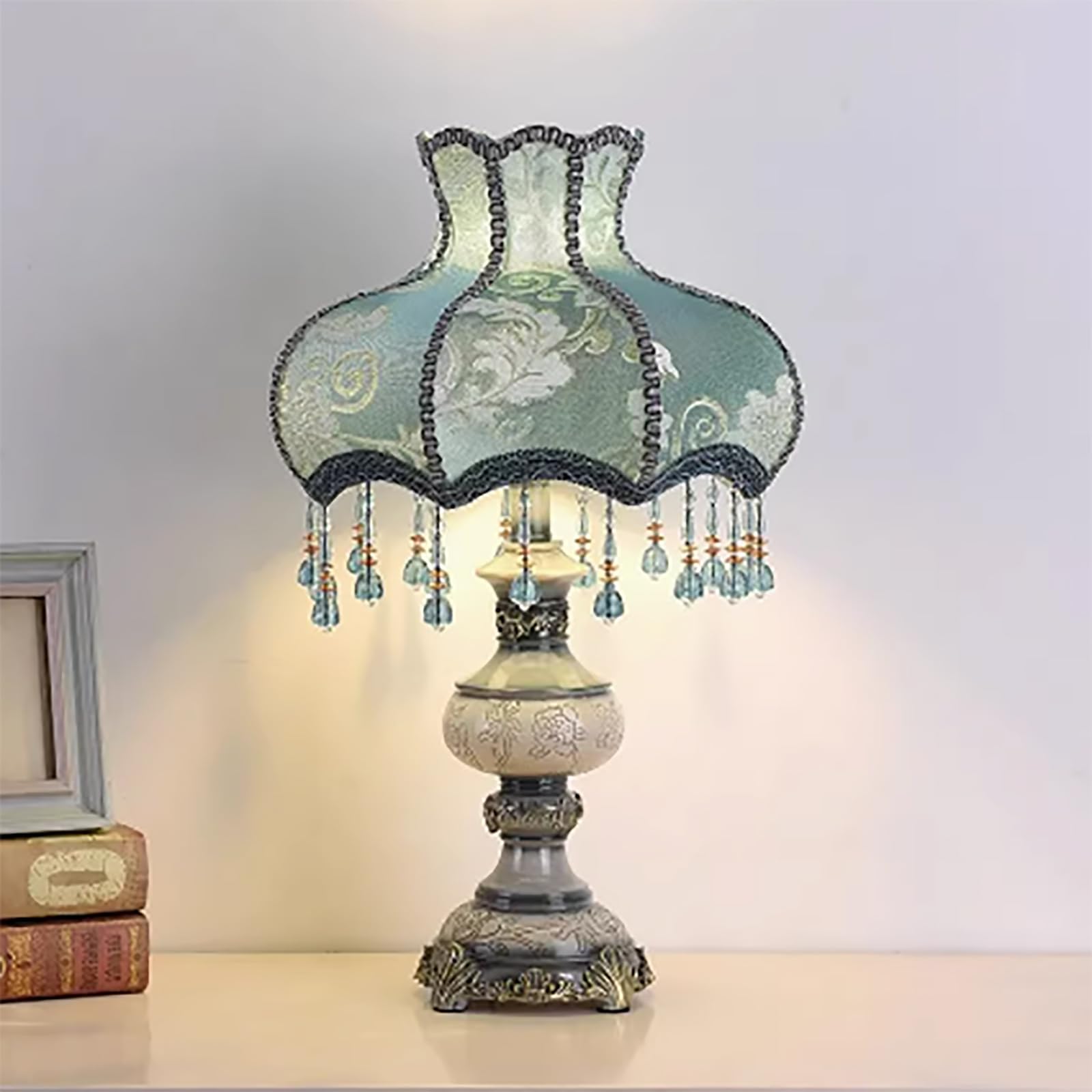 Antique Traditional Blue Fabric Table Lamp, European Bedside Victorian Lamp, Pastoral Vase Shape Lampshade, Princess Style, Bedroom Living Room Office, Gifts for girls and women(21.7*12.9in, B)