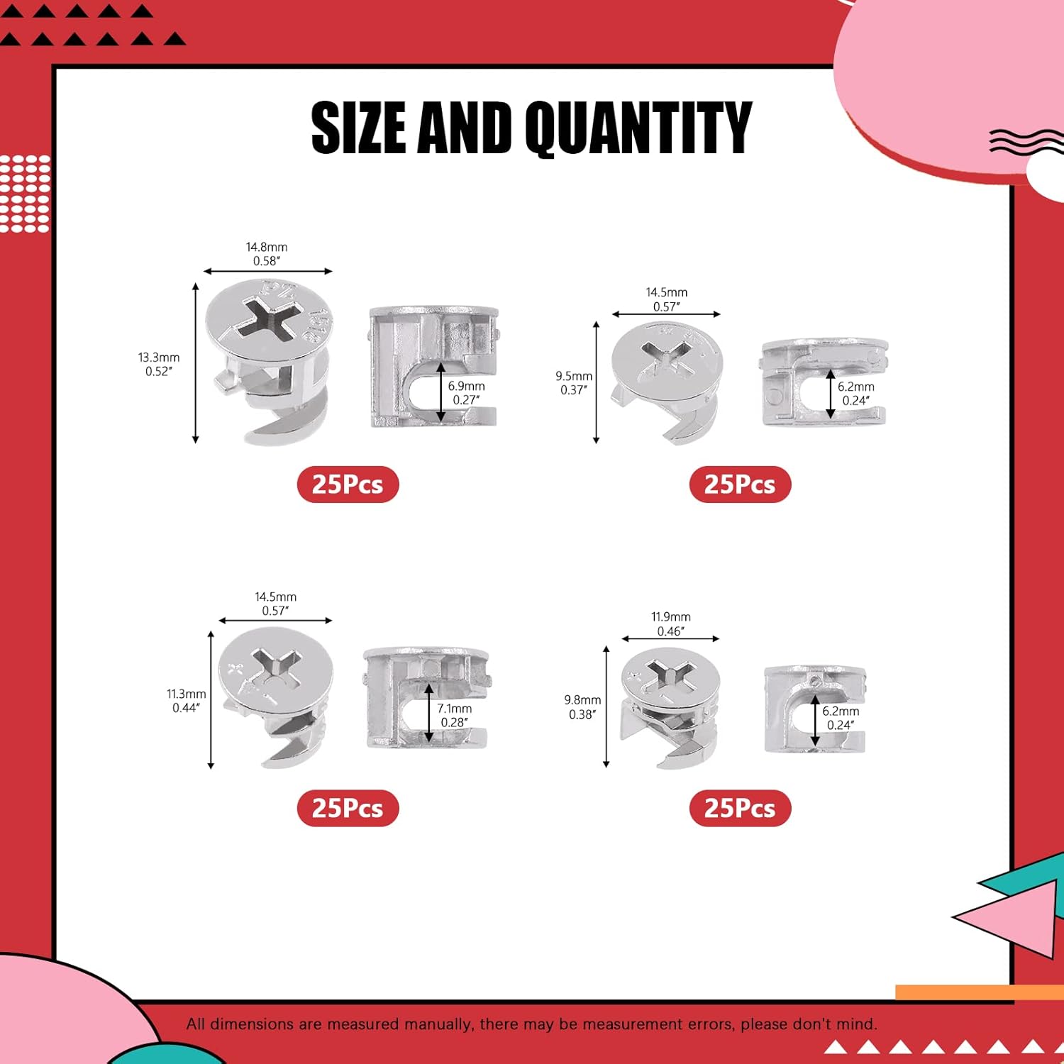 Hilitchi 100 Pcs 4 Size Furniture Cam Lock Nut Connectors Fittings, Furniture Connecting Fastener Cabinet Connectors Hardware for Cabinet Drawer (11.8 x 10/14.6 x 11.5/14.7 x 13.5/14.5 x 9.5mm)