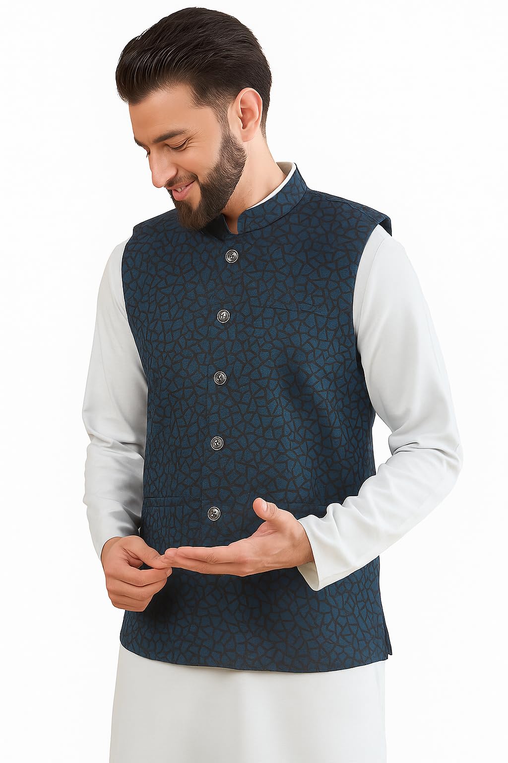 amazon brand - tavasya Mens Woven Design Mandarin Collar Nehru Jackets | Sleeveless Jacket | Ethnic Wear-picture-34