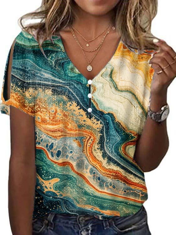 Summer Tops for Women Marble Graphic Fashion Short Sleeve V Neck Blouses Dressy Casual Vacation Fashion Shirts