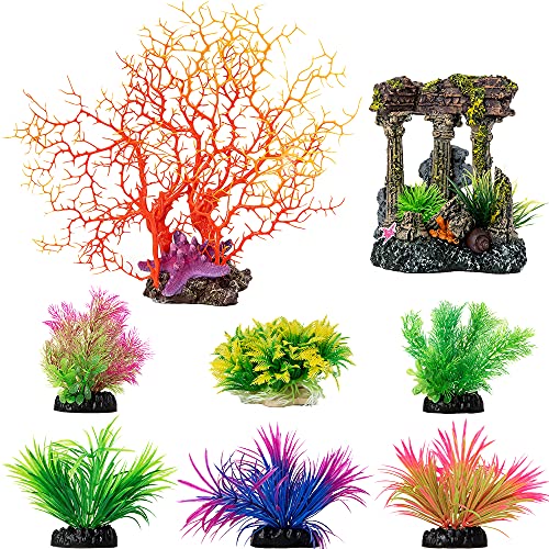8-Pieces Vibrant Aquarium Decorations- Fish Tank Decoration for Fresh & Salt Water- 1 x Coral Large Aquarium Decoration + 1 x Medium Fish Tank Decor + 6 x Small Aquarium Ornament- Aquarium Accessories