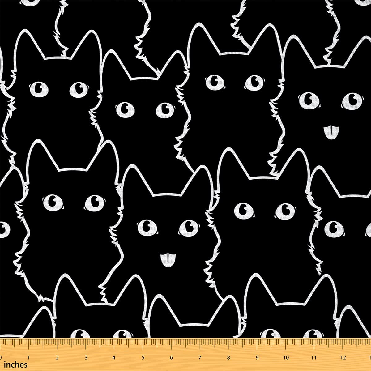 Cats Silhouette Pattern Fabric by The Yard Cute Animal White Simple Stripes Fabric for Kids Teens Lovely Wildlife Hand Drawn DIY Sewing Fabric for Kids Room Decor for Sofa Chair,1 Yard,Black