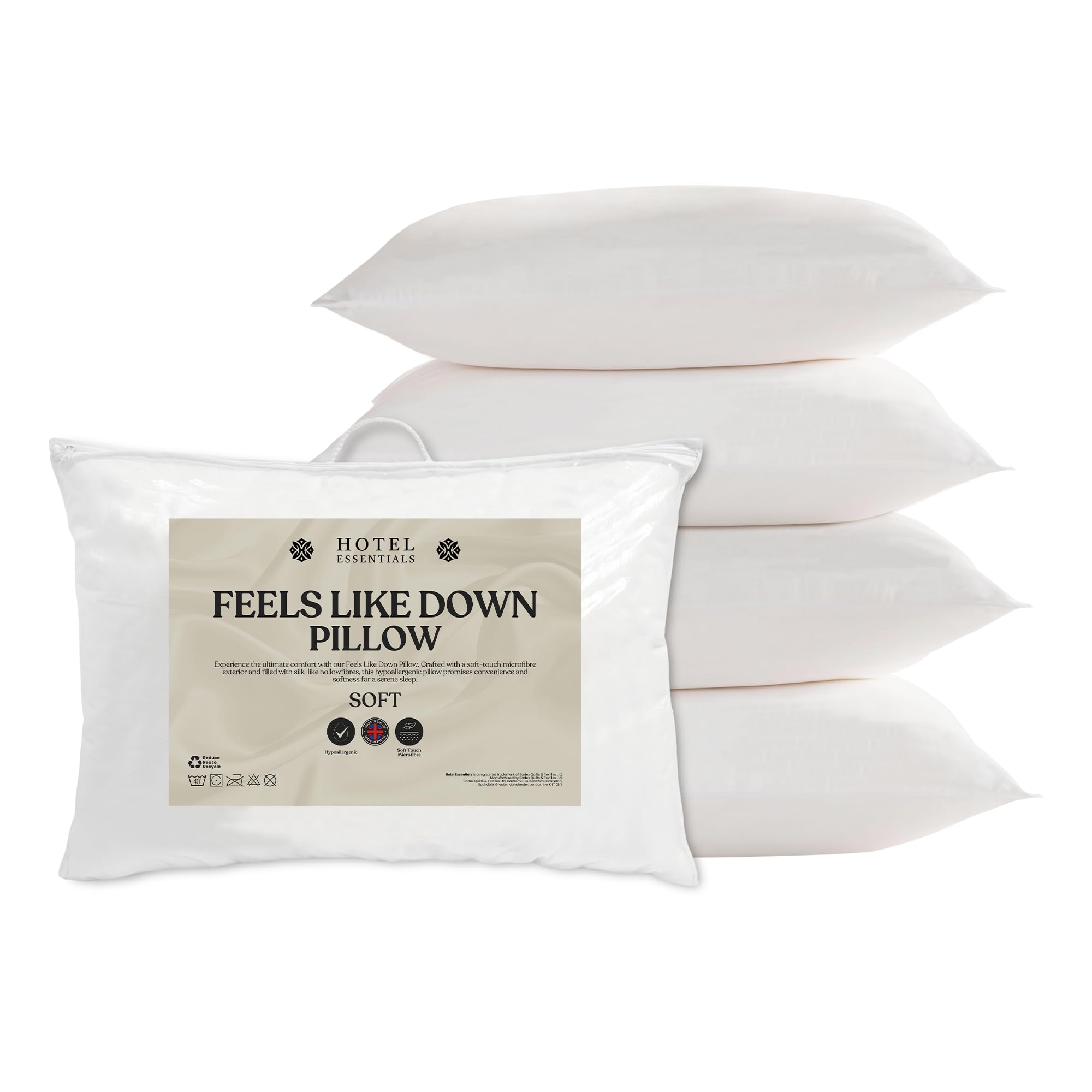 Hotel Essentials Pack Of 4 Soft Touch Feels Like Down Anti-Allergy White Pillow - Hypoallergenic Soft Support Microfibre Pillows For Stomach Sleepers Filled With Bouncy Hollowfibre (46Cm X 74Cm)