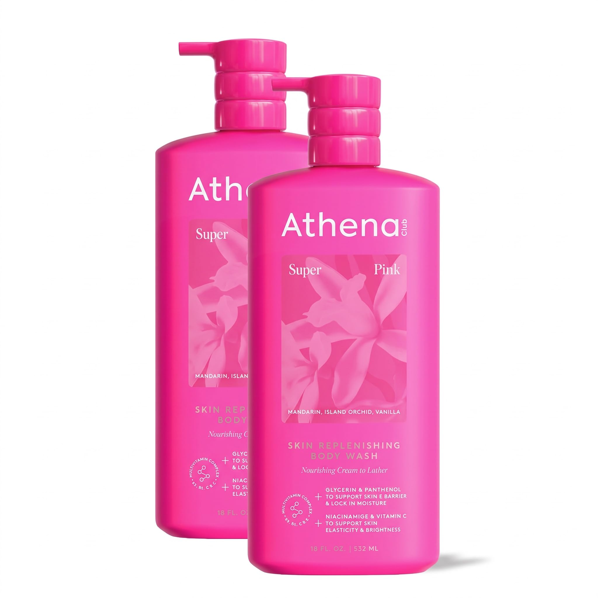Athena Club Skin Replenishing Body Wash for Women, Sulfate Free Nourishing Cleanser with Niacinamide, Gently Cleanses Without Stripping, Super Pink Scent, 18 fl oz (Pack of 2)