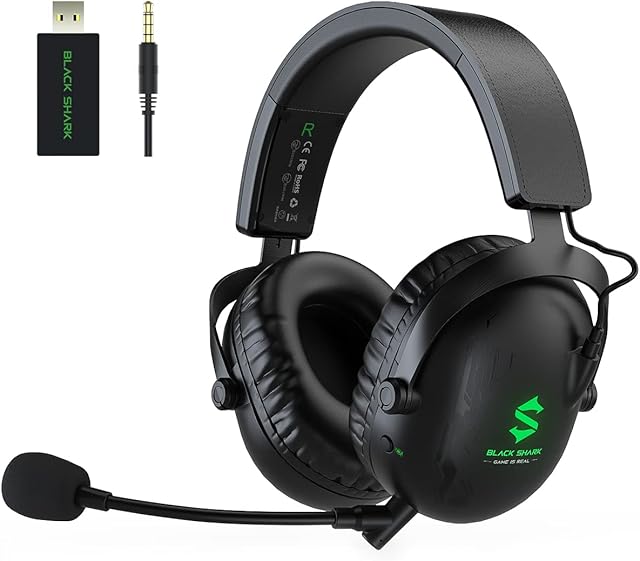 Black Shark 2.4Ghz Wireless Gaming Headset for PC PS4 PS5 Laptops,Over-Ear Bluetooth 5.2 Gaming Headphones with Detachable Ultra-Clear Microphone,60 Hours Playtime, 3.5mm Wired Mode for Xbox Series
