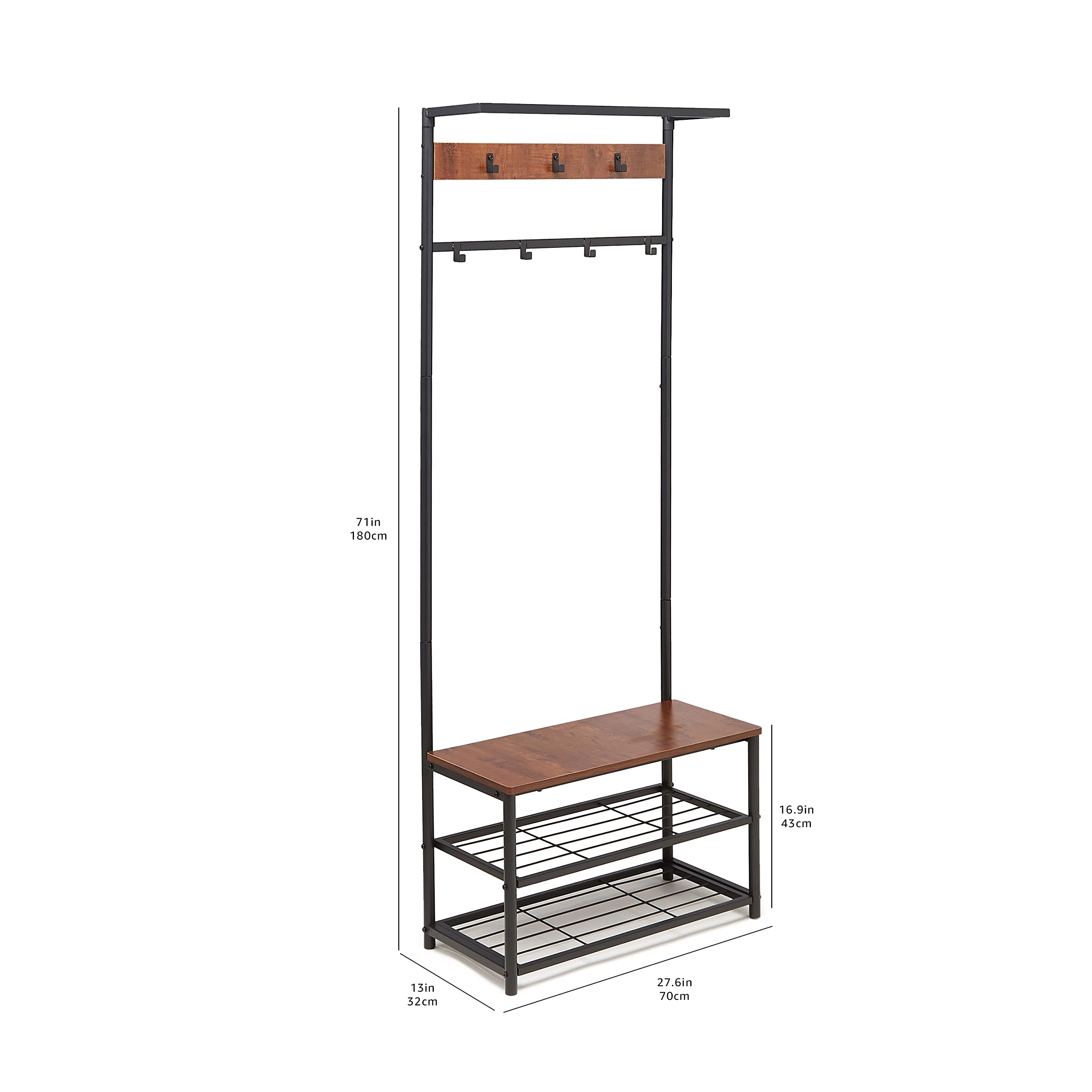 Amazon Basics Portemanteau à 7 crochets avec banc à chaussures et rangement à 3 niveaux, Noir, 70.1 x 33 x 180.3 cm