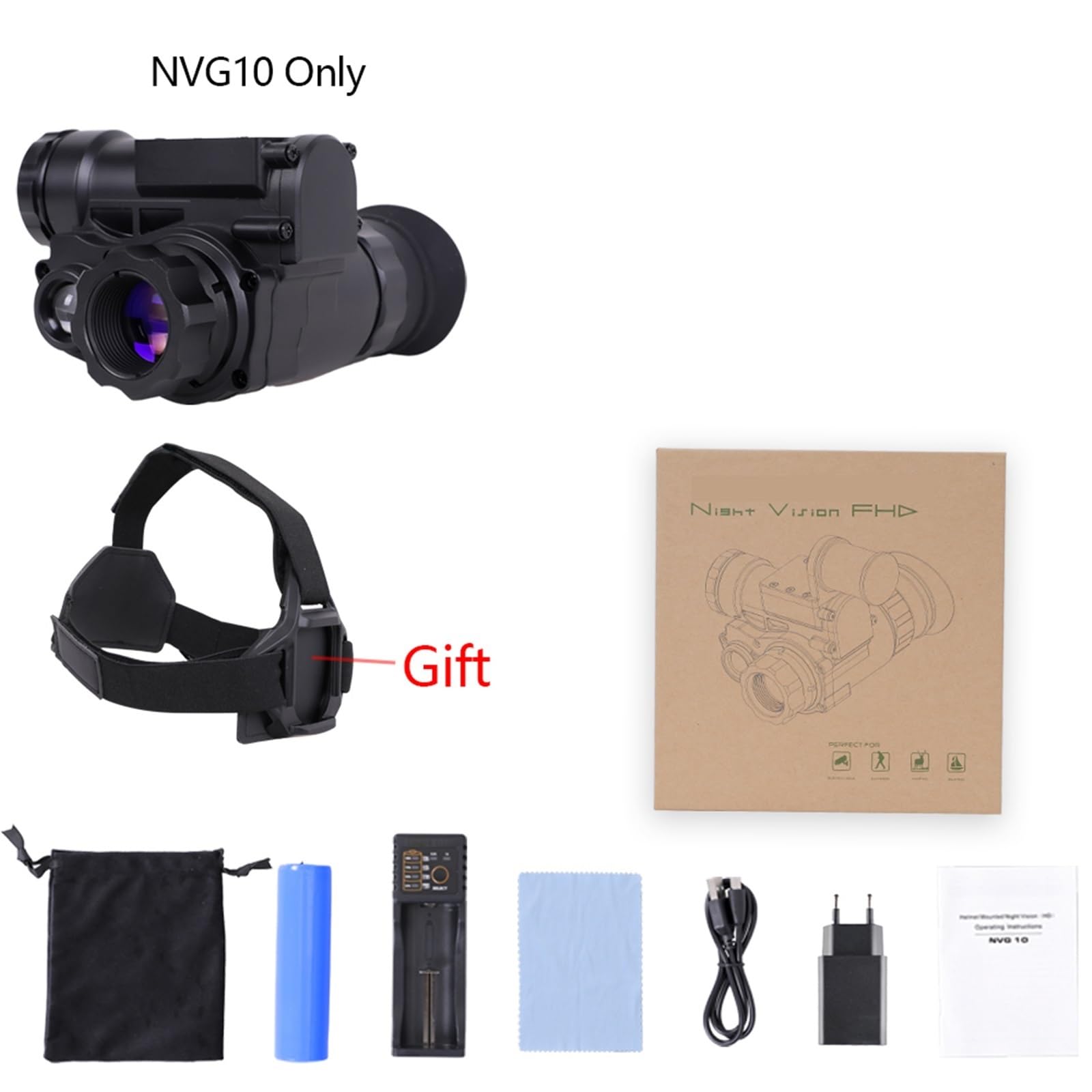 Urządzenie noktowizyjne， Kask NVG10 gogle noktowizyjne 1920x1080p zielona głowica taktyczna noktowizor monokularowy IP66(Nvg10 Only)