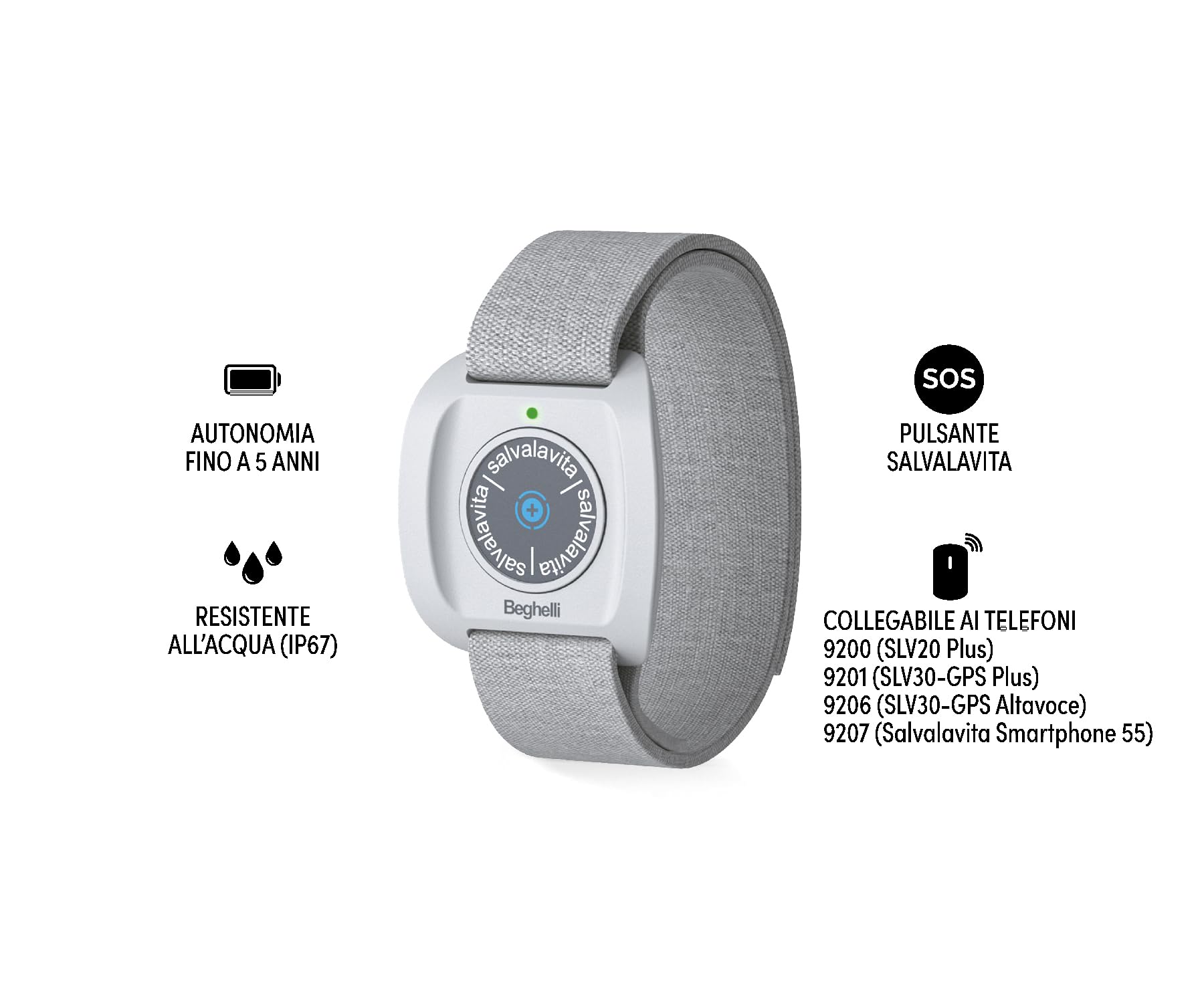 Beghelli Salvalavita Band Plus - Bracciale Anziani con Tasto SOS per Chiamate d'Emergenza, Resistente all'Acqua, Dispositivo Indossabile di Telesoccorso - da Collegare con Il Cellulare