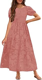 Summer Flower Girl Dress Elegant Short Sleeve Crew Neck A-Line Flowy Maxi Dress for Kids with Pockets 6-12 Years - Buy now
