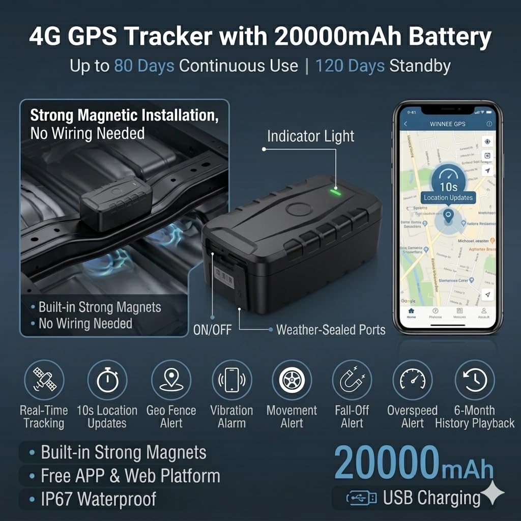 TKMARS TK918 GPS Tracker Auto 20000mAh - Localizzatore Con App Gratuita Senza Abbonamento, Magnetico, Antifurto, Posizione in Tempo Reale per Auto e Moto