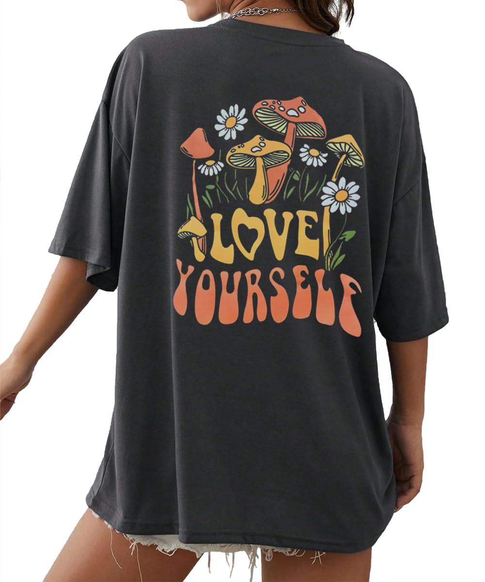 REBOYA Oversized Tshirt Damen Rundhals Kurzarm T Shirt Oberteile Sommer Frauen Rücken Drucken Pilz Graphic Tee Locker Casual Bluse Tops