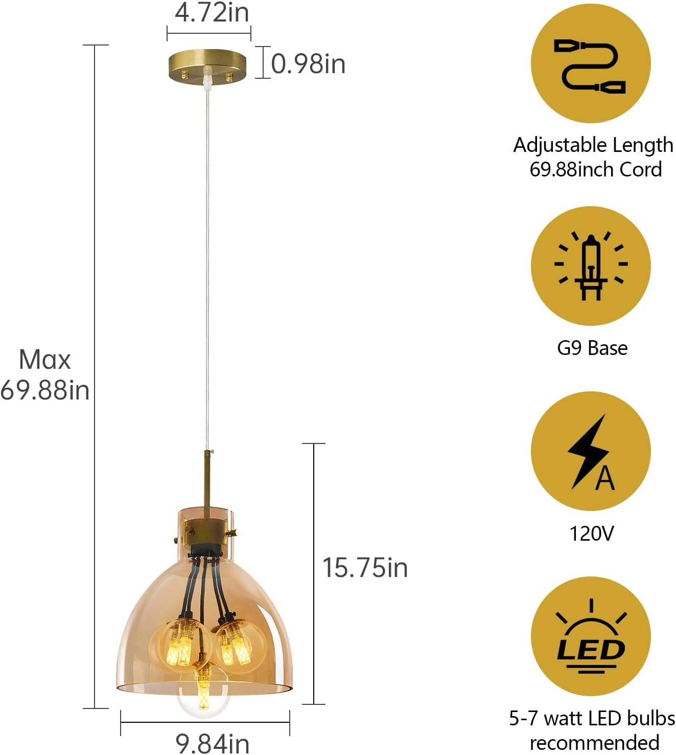 Pendant Lights Kitchen Island 9.84 in Cognac Glass Shade Built-in 5 Glass Globe Pendant Light Gold Metal 5 Light Chandelier for Dining Room Living Room (1 Pack)