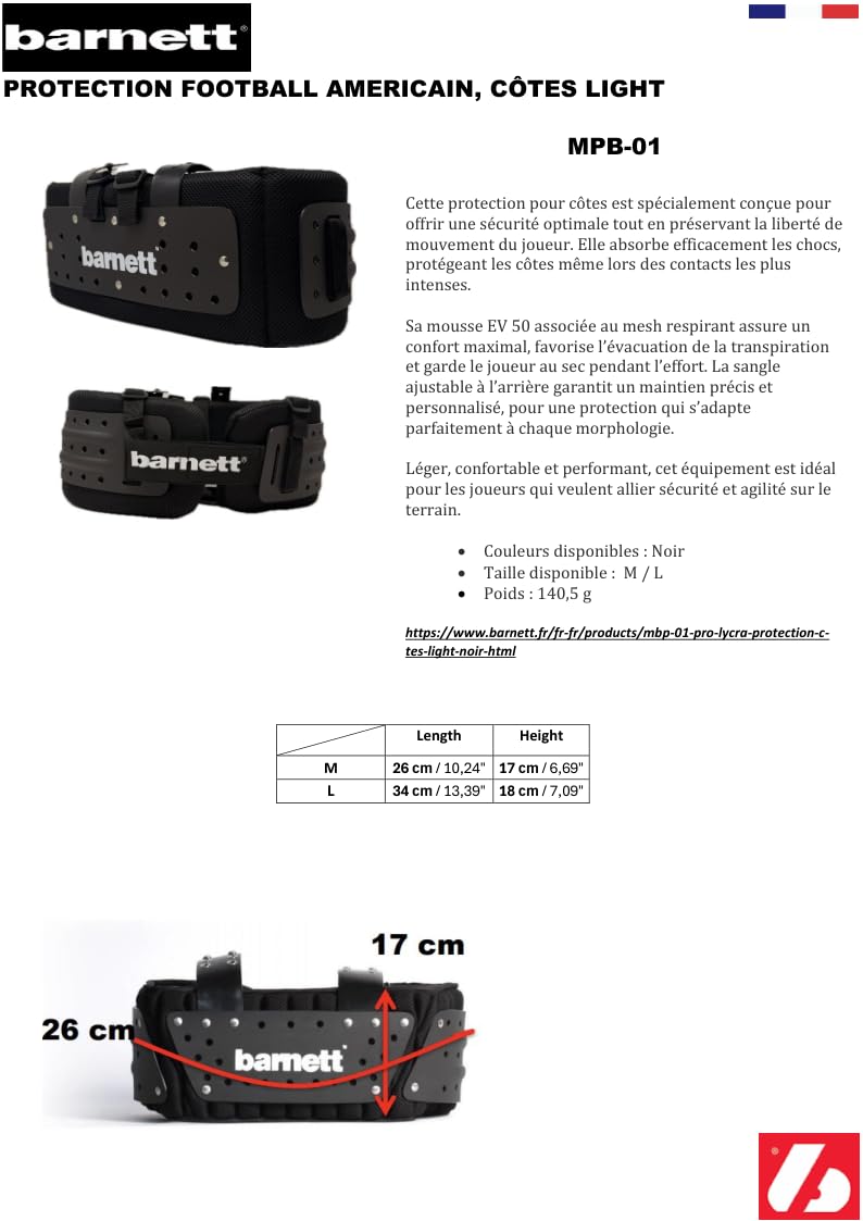 BARNETT MBP-01 Pro Lycra Protection côtes Light, Noir