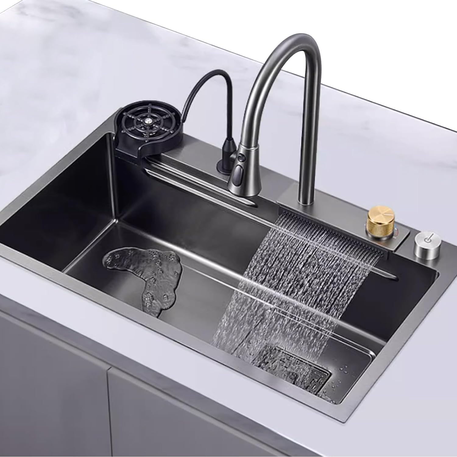 Fregadero de Cocina Negro con Grifo Tipo Cascada, lavavajillas de Acero Inoxidable, Grande, para Restaurante, Accesorios completos (tamaño: 75 x 45 cm)