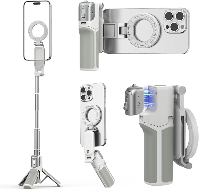 Trepied selfie stick magnetic 4 în 1 AMAZEAR pentru smartphone, mâner pentru cameră foto, telecomandă Bluetooth detașabilă, zoom reglabil, alb