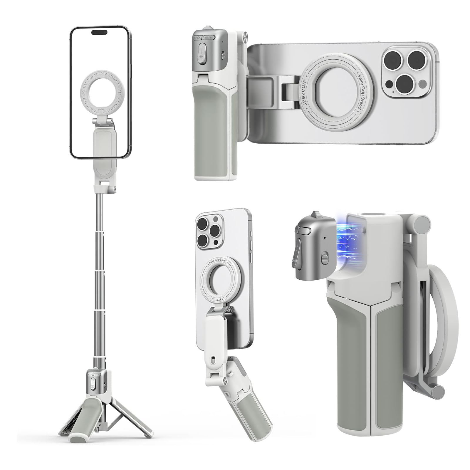 AMAZEAR Magnetisches 4-in-1 Multifunktionales Selfie Stick Stativ, Telefonkameragriff Handy Stativ mit Abnehmbarer Fernbedienung,abnehmbarem Bluetooth-Modul, einstellbarem Zoom,