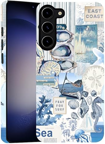 Case for Samsung Galaxy S23,Seashell Ocean Blue Retro Collage Phone Case Drop Resistant Frosted 2 in 1 Solid Dual-Layer Cover for Girl Women
