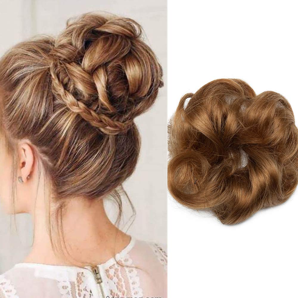 Silk-co Curly Hair Bun Extensions Real Remy Human Hair Messy Scrunchie Updo Donut Ponytail Extensions Chignons #06 Light Brown
